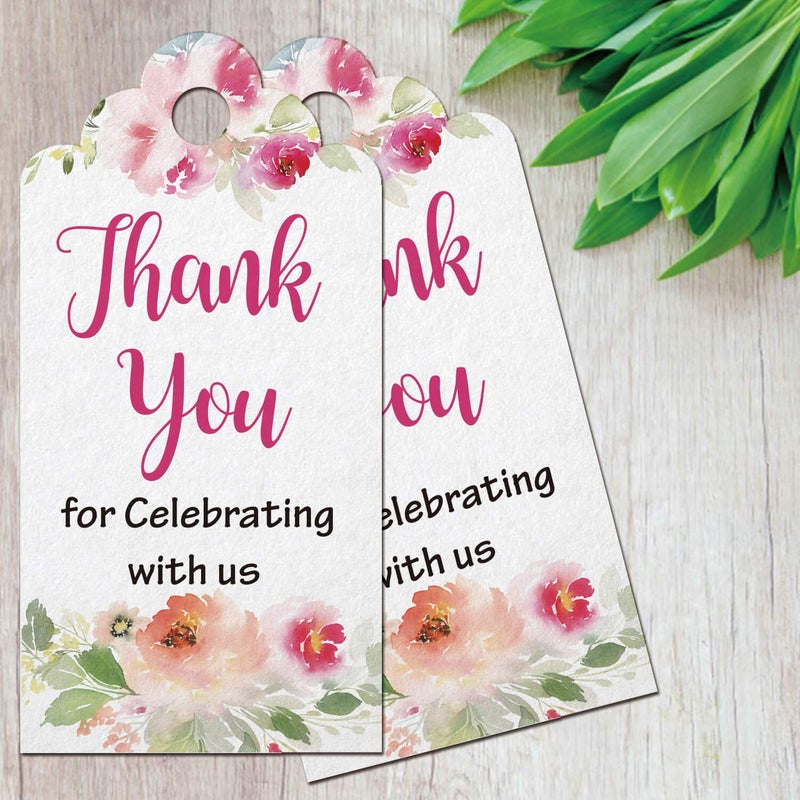 Mr.Mug Floral Thank You for Celebrating with Us Tags 100Pcs White Thank You Tags for Wedding Favor Baby Shower Party Favors, Paper Gift Tags with 100 Feet Jute String - Image 2